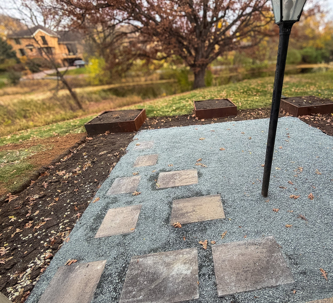 Backyard landscape renovation in fall showing new patio and garden layout in Edina Minnesota