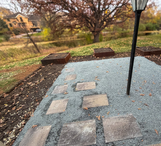 Backyard landscape renovation in fall showing new patio and garden layout in Edina Minnesota