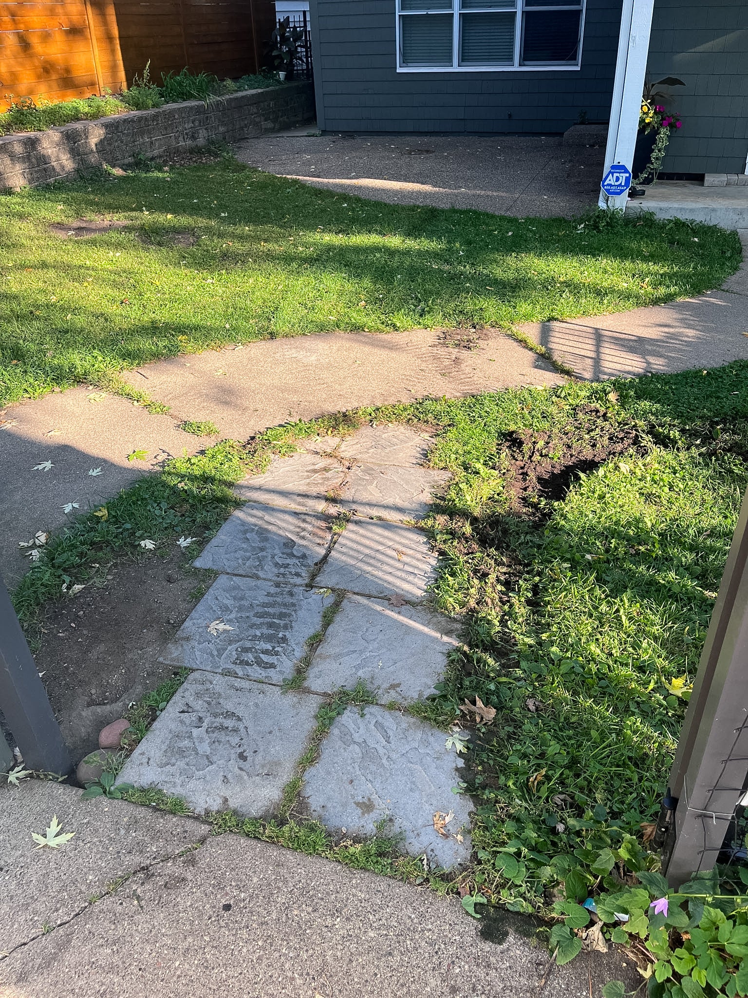 Backyard before renovation showing outdated concrete and uneven lawn in Cedar Lake Minneapolis