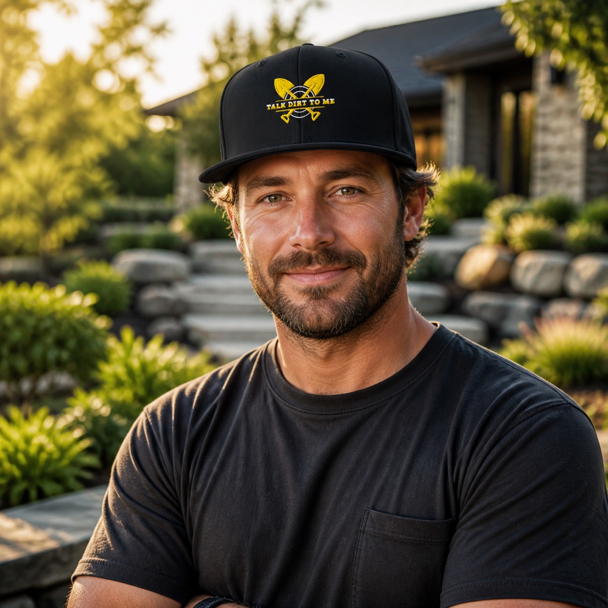 Landscape professional wearing the black ELZO Talk Dirt to Me snapback