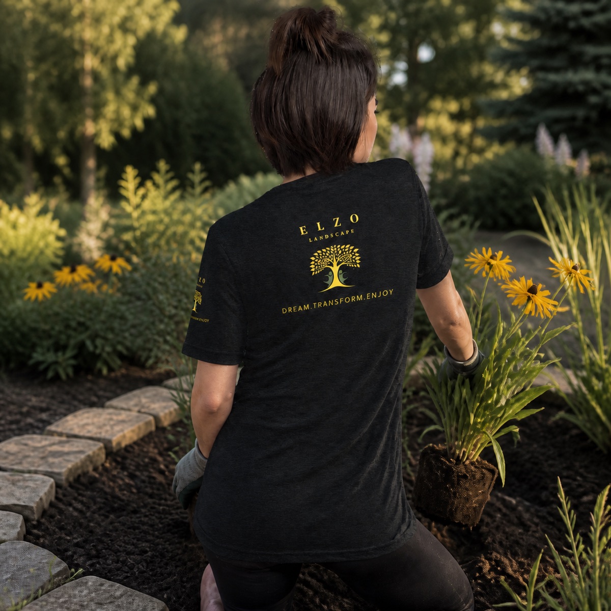 ELZO team member planting a Minnesota garden in the Talk Dirt to Me tee