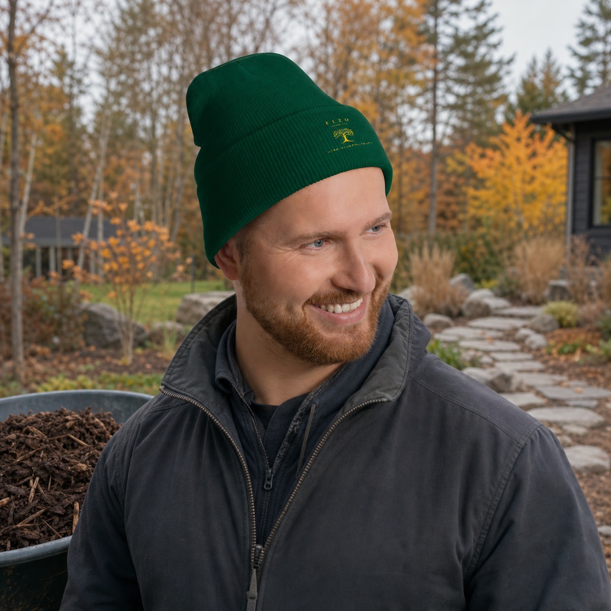 ELZO team member wearing the Logo Work Beanie on an autumn landscape project